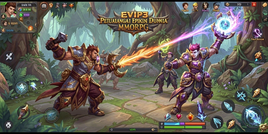 Menampilkan aksi seru dalam gameplay MMORPG EVIP3 saat karakter berjuang melawan musuh.