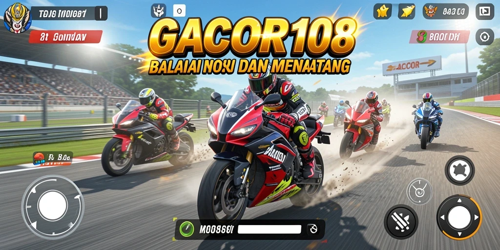 Screenshot gameplay <strong>GACOR108</strong> menunjukkan balapan motor yang seru dan mendebarkan.