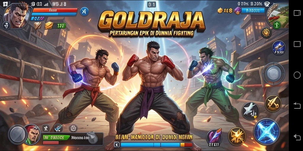 Tangkapan layar GOLDRAJA menampilkan pertarungan epik dengan grafis yang memukau.