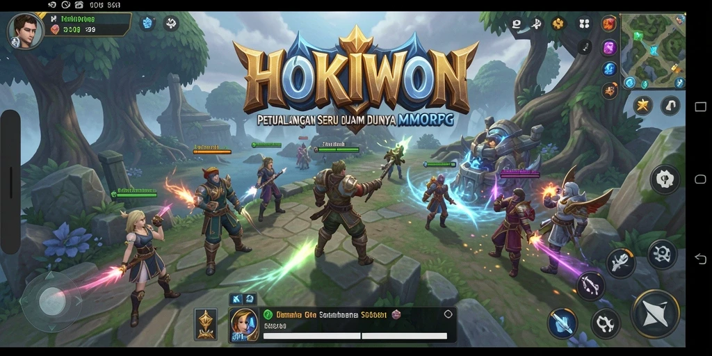 Tampilan gameplay HOKIWON dengan karakter berjuang melawan monster dalam dunia MMORPG.
