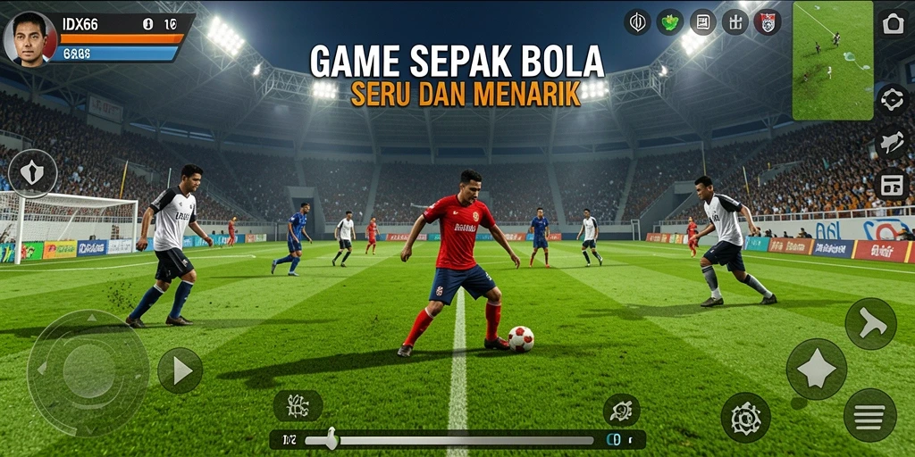 Screenshot game IDX66 menampilkan aksi pertandingan sepak bola yang mendebarkan.
