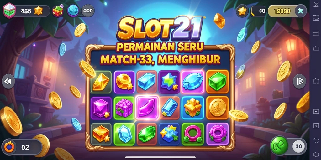 Screenshot SLOT21 menunjukkan gameplay Match-3 yang seru dan penuh warna.