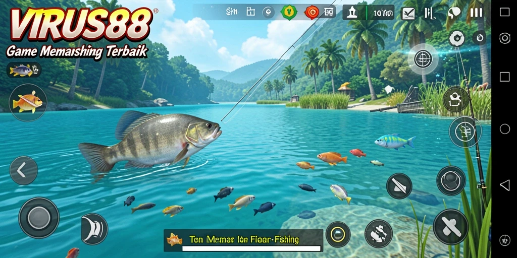 Tampilan gameplay <strong>VIRUS88</strong> yang menonjolkan aktivitas memancing yang seru dan menantang.